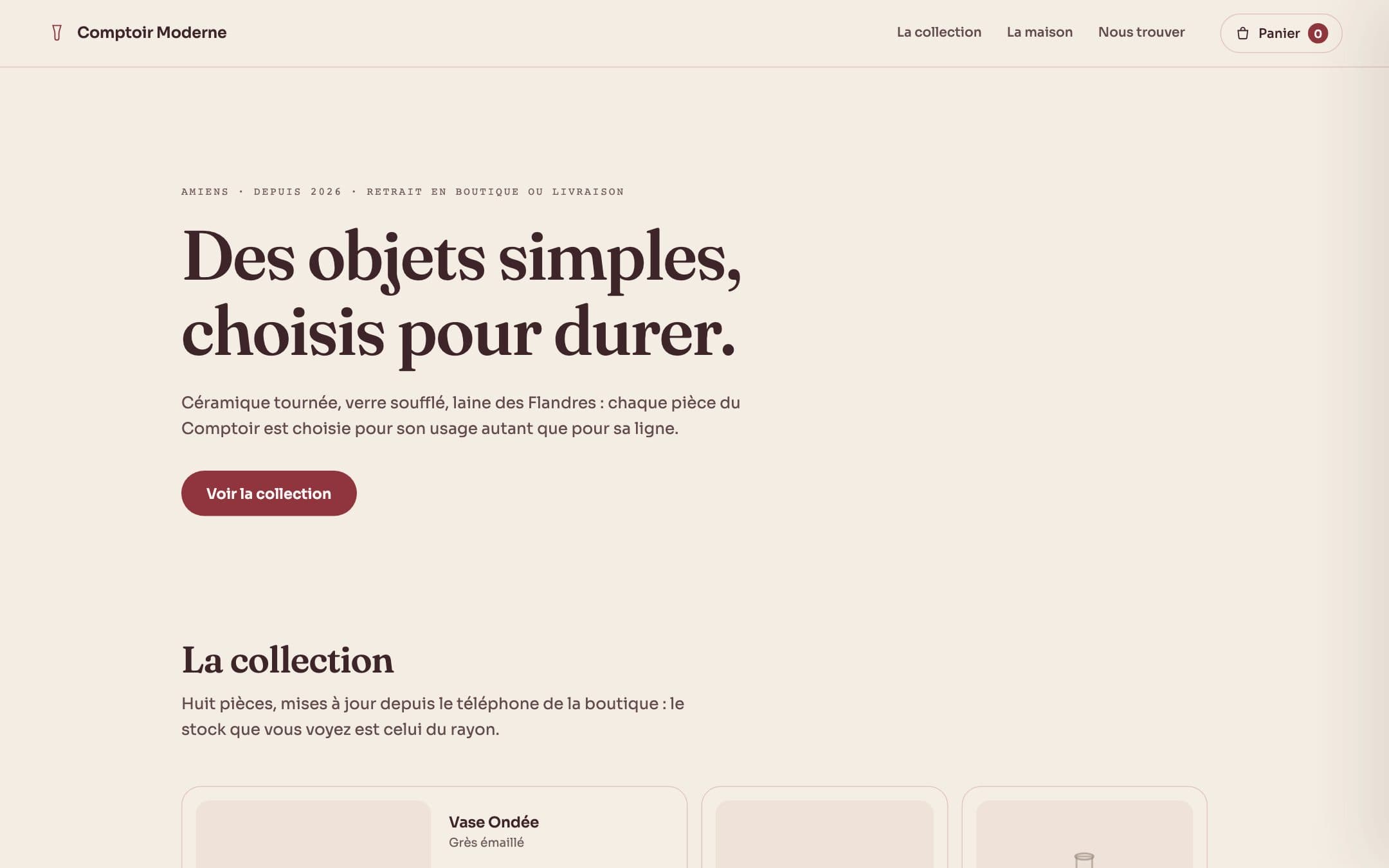 Site de démonstration de la boutique fictive Comptoir Moderne : accroche « Des objets simples, choisis pour durer » sur fond clair