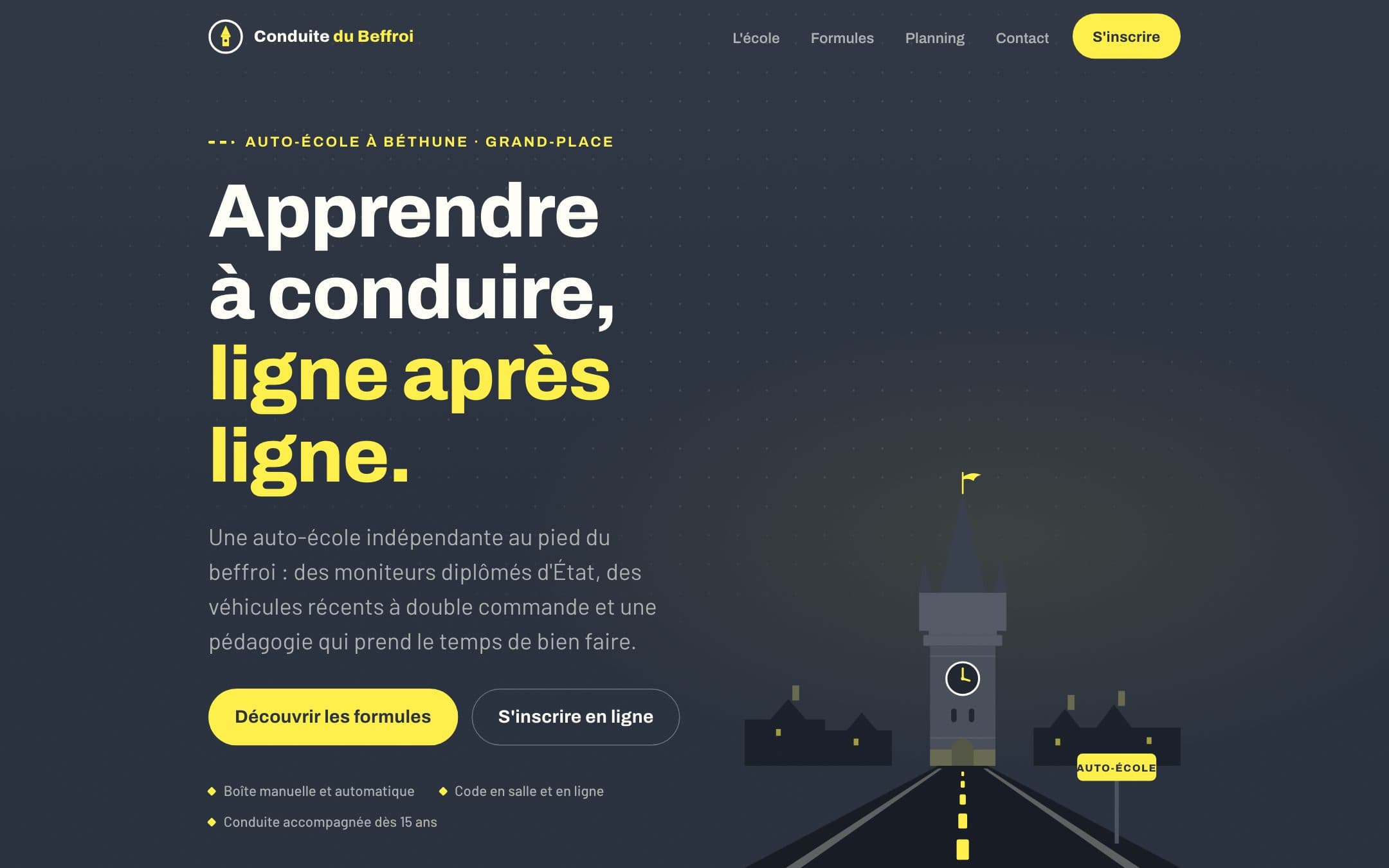 Site de démonstration de l'auto-école fictive Conduite du Beffroi : titre « Apprendre à conduire, ligne après ligne » et beffroi illustré
