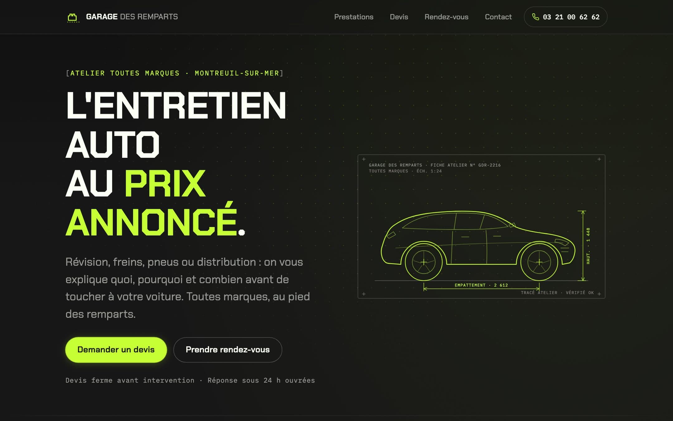 Site de démonstration du garage fictif Garage des Remparts : titre « L'entretien auto au prix annoncé » et voiture en tracé technique