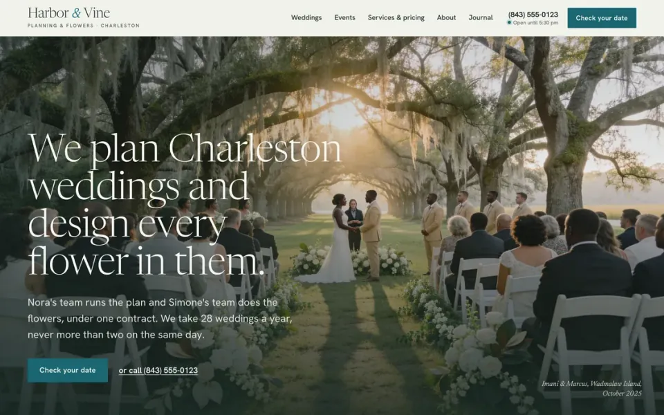 Demo site of the fictional Charleston wedding planner and florist Harbor & Vine: an outdoor ceremony under live oaks draped in Spanish moss, headline “We plan Charleston weddings and design every flower in them.” and a Check your date button
