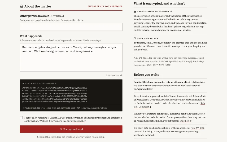 Confidential inquiry form on the Marlowe & Okafor LLP demo site: a short description of a supplier dispute and, below it, the encrypted text that actually leaves the browser, above the Encrypt and send button