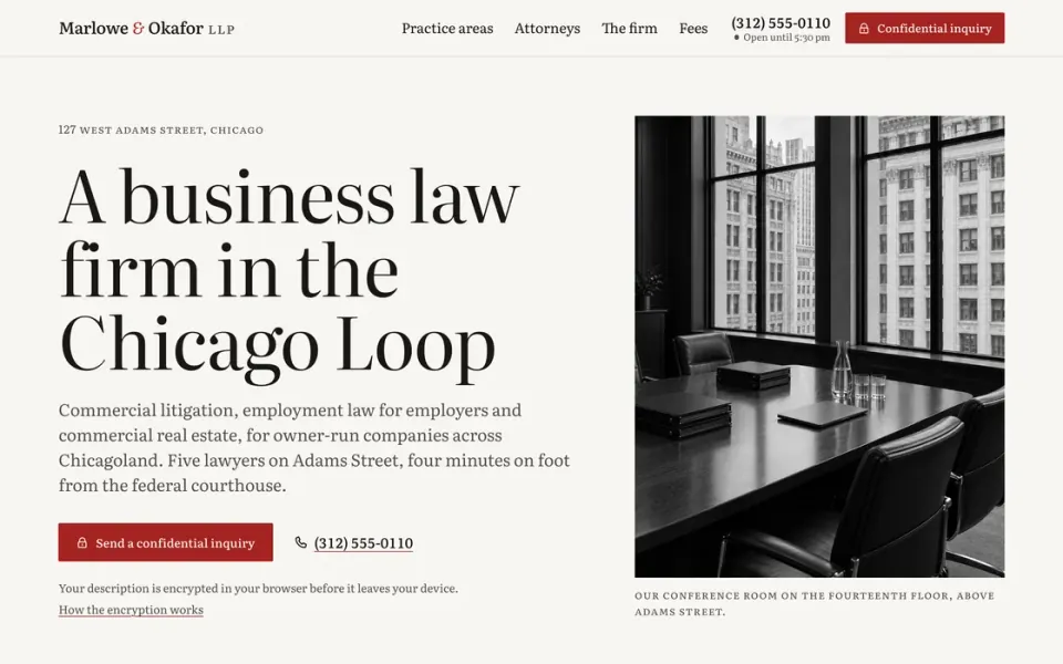 Demo site of the fictional Chicago business law firm Marlowe & Okafor LLP: headline “A business law firm in the Chicago Loop”, a Send a confidential inquiry button, and a black-and-white photo of the firm's conference room above Adams Street