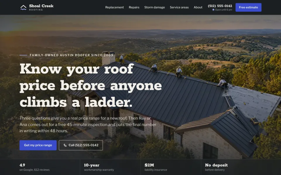 Demo site of the fictional Austin roofer Shoal Creek Roofing: drone view at sunset of a crew installing a charcoal standing-seam metal roof on a limestone house, headline “Know your roof price before anyone climbs a ladder.”