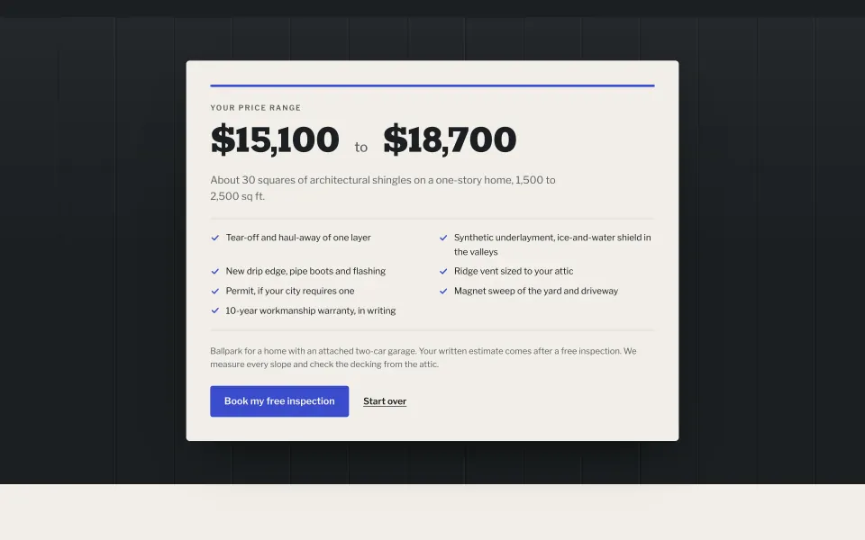 Estimator on the Shoal Creek Roofing demo site: price range for a one-story home, list of what the price includes and a button to book a free inspection