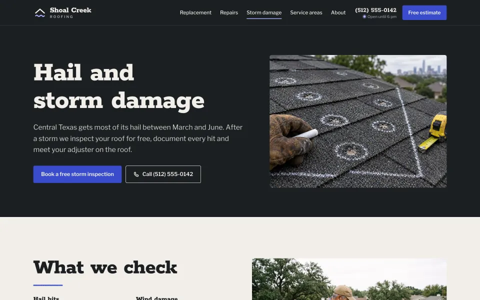Storm damage page of the Shoal Creek Roofing demo site: hail hits circled in chalk on a shingle roof, the insurance claim steps and an inspection request form