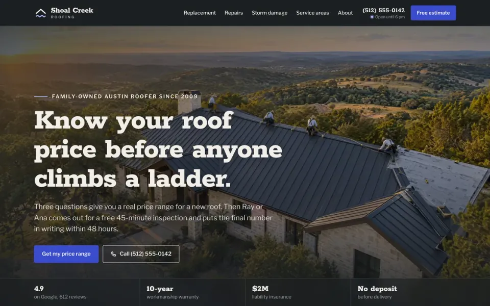 Demo site of the fictional Austin roofer Shoal Creek Roofing: drone view at sunset of a crew installing a charcoal standing-seam metal roof on a limestone house, headline “Know your roof price before anyone climbs a ladder.”