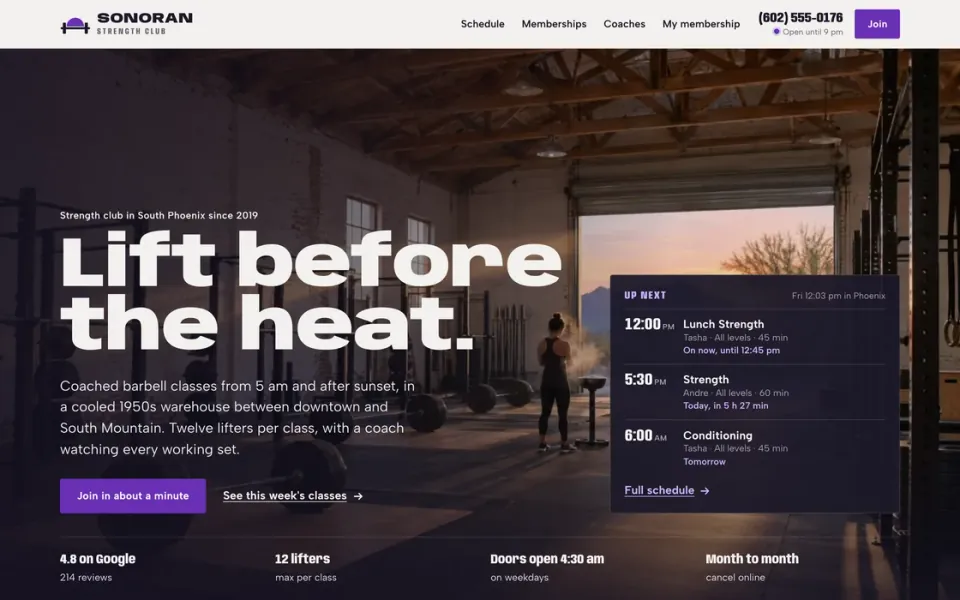 Demo site of the fictional Phoenix strength gym Sonoran Strength Club: headline “Lift before the heat.” over a warehouse gym with its roll-up door open to the desert sky, a Join in about a minute button and the next three classes on Phoenix time