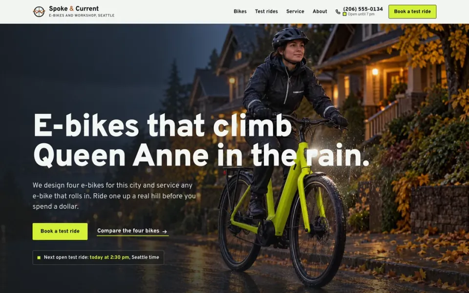 Demo site of the fictional Seattle e-bike shop Spoke & Current: a rider in a rain jacket on a hi-vis yellow e-bike on a wet street at dusk, headline “E-bikes that climb Queen Anne in the rain.” and a Book a test ride button